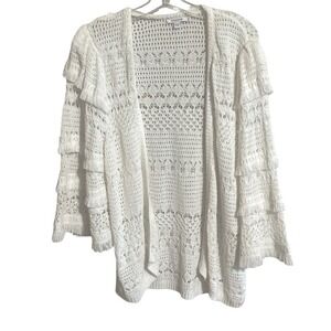 Chicos Tiered Fringe Crochet Look Beachy Open Front Coverup Cardigan White XL